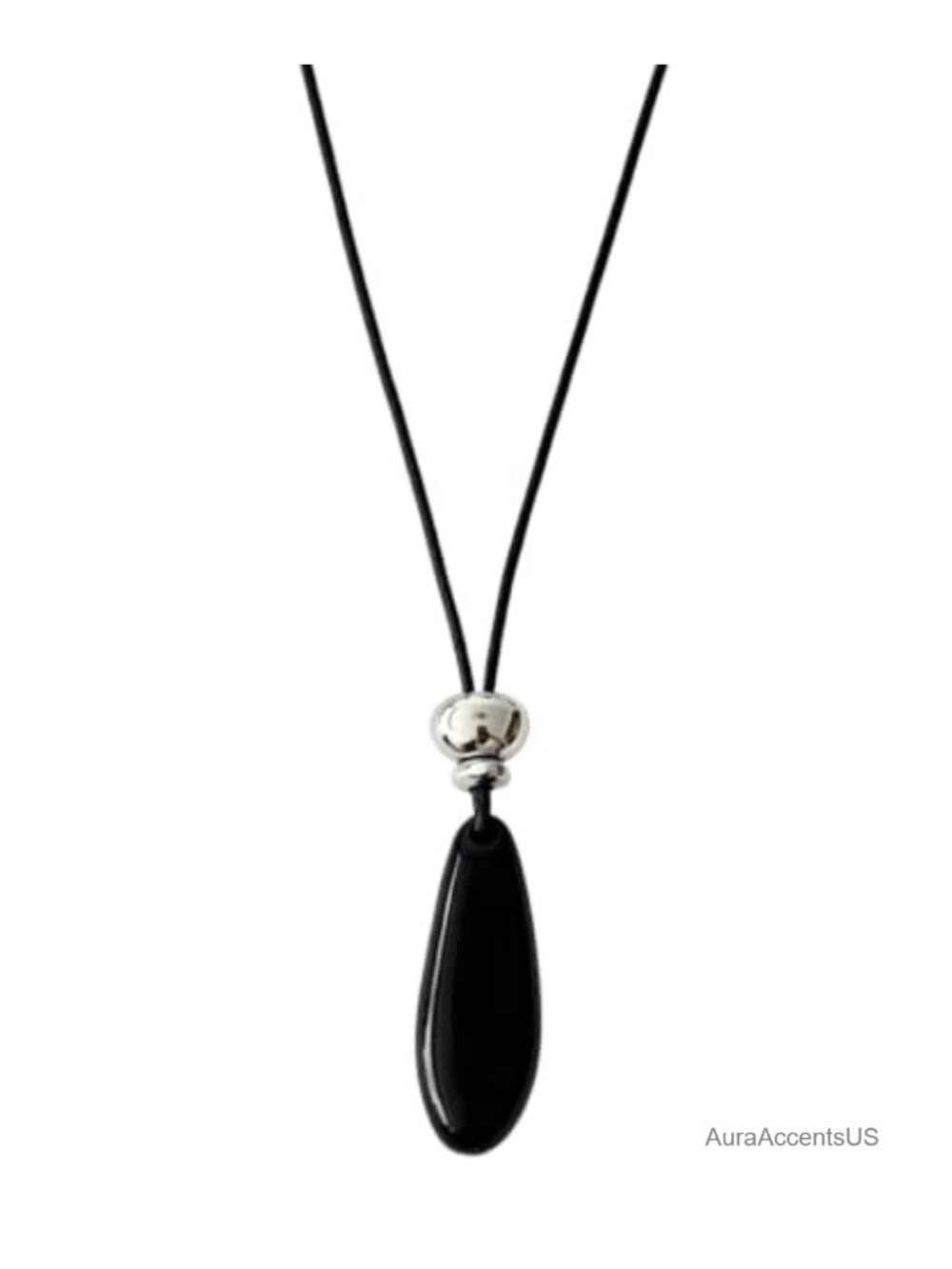 Long Black Onyx Teardrop Pendant Necklace 35 Inch Cord Minimalist